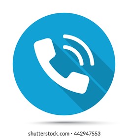 White Phone icon on blue button isolated on white