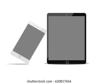 White phone lean on black tablet. Devices with black display - for stock