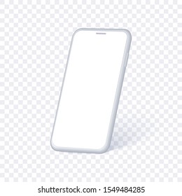 White phone mock up in perspective view.  Vector realistic 3d render. Cellphone smart gadget with blank screen for show app and web design isolated on transparent background.