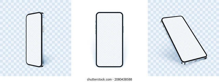 White phone mockup in different angles isolated on white and transparent background. Empty screen mobile device with shadows for app design presentation. Realistic 3d smartphone with thin frame.