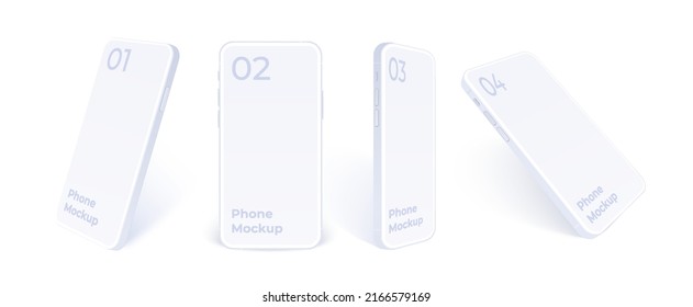 White phone mockup in different angles isolated. Clay mobile standing template to show your interface design. Realistic 3d vector illustration.