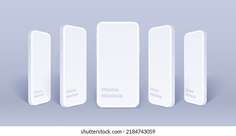 White phone mockup standing in row. Clay mobile smartphones set with blank screen isolated on purple background. 3d vector illustration mockup for app design presentation or media promo. 