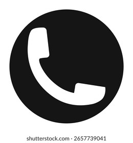White phone receiver icon inside a black circle, communication symbol for contact information