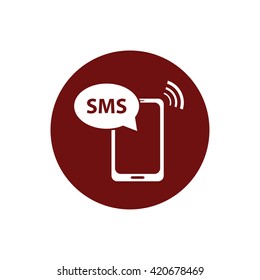 White phone SMS icon vector illustration. Red circle. Red button