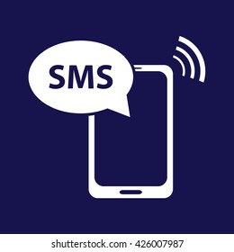 White phone SMS icon vector illustration. Blue background