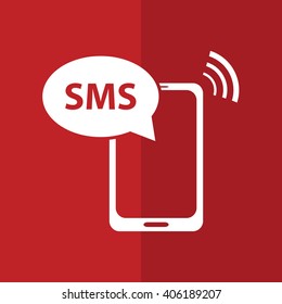 White phone SMS vector icon illustration. Red background