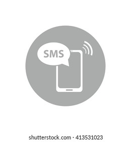 White phone SMS vector icon illustration. Gray circle. Gray button