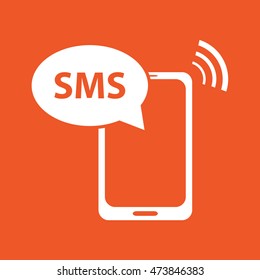 White phone SMS vector icon illustration. Orange background
