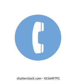 White phone vector icon. Blue circle. Blue button