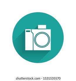 White Photo camera for diver icon isolated with long shadow. Foto camera icon. Diving underwater equipment. Green circle button. Vector Illustration