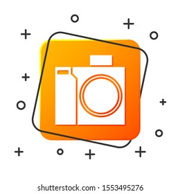 White Photo camera for diver icon isolated on white background. Foto camera icon. Diving underwater equipment. Orange square button. Vector Illustration