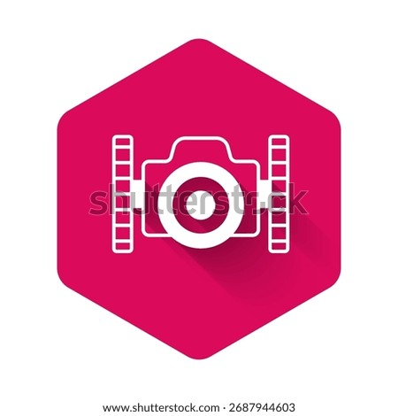 White Photo camera for diver icon isolated with long shadow background. Foto camera icon. Diving underwater equipment. Pink hexagon button. Vector