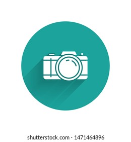 White Photo camera icon isolated with long shadow. Foto camera icon. Green circle button. Vector Illustration