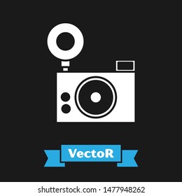 White Photo camera icon isolated on black background. Foto camera icon.  Vector Illustration