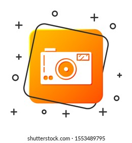 White Photo camera icon isolated on white background. Foto camera icon. Orange square button. Vector Illustration