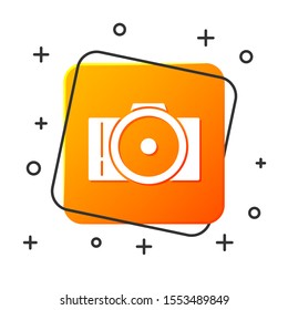 White Photo camera icon isolated on white background. Foto camera icon. Orange square button. Vector Illustration