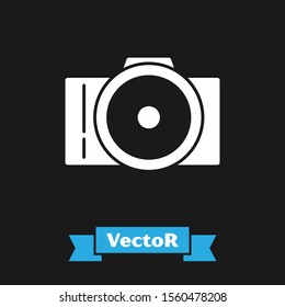 White Photo camera icon isolated on black background. Foto camera icon.  Vector Illustration