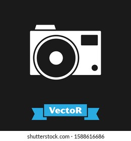 White Photo camera icon isolated on black background. Foto camera icon.  Vector Illustration