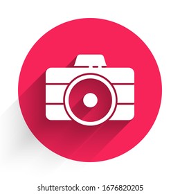 White Photo camera icon isolated with long shadow. Foto camera icon. Red circle button. Vector Illustration