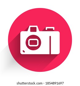 White Photo camera icon isolated with long shadow. Foto camera icon. Red circle button. Vector