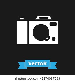 White Photo camera icon isolated on black background. Foto camera icon.  Vector