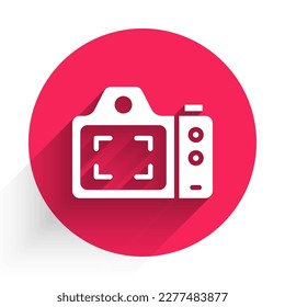 White Photo camera icon isolated with long shadow. Foto camera. Digital photography. Red circle button. Vector