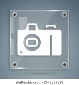 White Photo camera icon isolated on grey background. Foto camera icon. Square glass panels. Vector