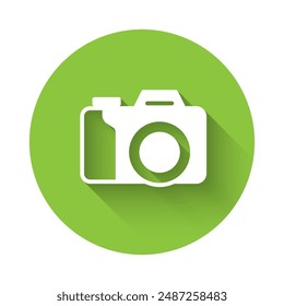 White Photo camera icon isolated with long shadow background. Foto camera. Digital photography. Green circle button. Vector