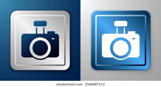 White Photo camera icon isolated on blue and grey background. Foto camera. Digital photography. Silver and blue square button. Vector