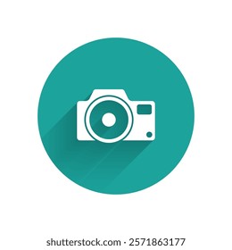 White Photo camera icon isolated with long shadow. Foto camera icon. Green circle button. Vector