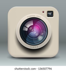 White photo camera icon, vector illustration.