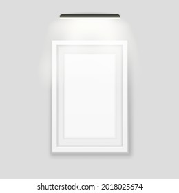 White photo frame backlit template. Realistic banner with black led lamp on top advertising wooden rectangle for images and vector interior.