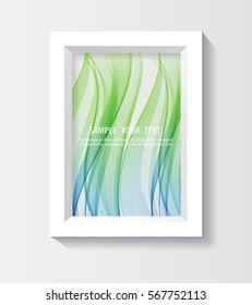 White photo frame on a light gray background with abstract blue-green waves.