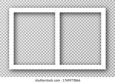 White photo frame for social media with white borders. Blank photo frame mockup with shadow effect and transparent background. Rectangle picture frame for collage. Vector