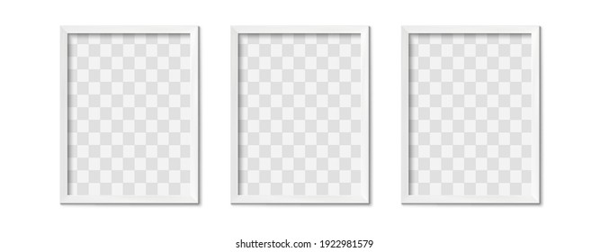 White photo frames. Empty gray simple image square border with shadow on gallery wall. Isolated picture framing design vector realistic 3D mockup. Rectangle picture border hanging in raw