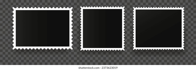 White photo frames with serrated ornament. Blank squares for pictures and paintings with realistic design element with instant vector development