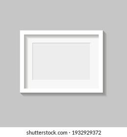 White photo or picture frame with mat and shades isolated on gray background. Vector illustration. Wall decor. Rectangle horizontal photo frame