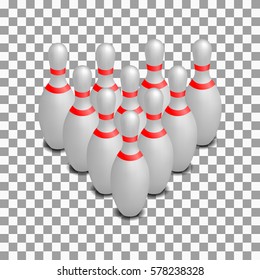 White photo realistic skittles for bowling. 3D isometric style, vector illustration.