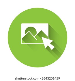 White Photo retouching icon isolated with long shadow. Photographer, photography, retouch icon. Green circle button. Vector