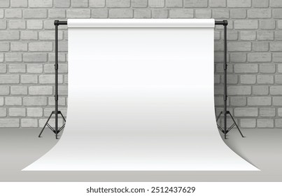 Fundo de estúdio de fotografia branco. Papel vazio perto da parede de tijolos. 3d fotógrafo tripé equipamentos em interior realista para sessão de portfólio. Projeto de tela de rolo em branco para exibir a tela promocional dentro