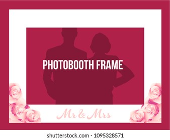White photobooth wedding frame with Mr & Mrs. Vector template with pink flowers.