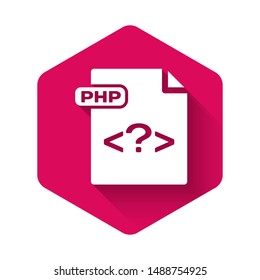 White PHP file document. Download php button icon isolated with long shadow. PHP file symbol. Pink hexagon button. Vector Illustration