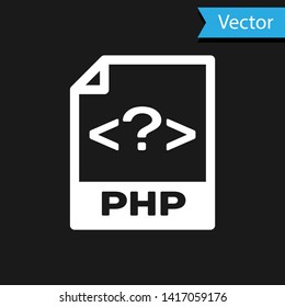 White PHP file document icon. Download php button icon isolated on black background. PHP file symbol. Vector Illustration