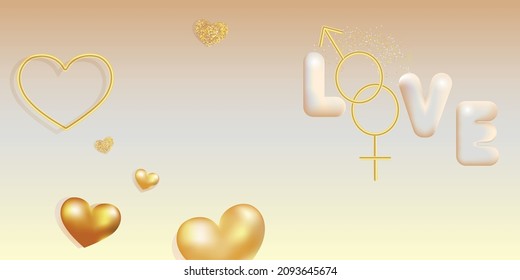 White phrase love with golden symbols of mars and venera,  hearts balloons. Modern vector background. Love Valentain's day 3d rendering.