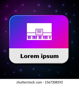 White Piano icon isolated on black background. Musical instrument. Rectangle color button. Vector Illustration