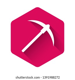 White Pickaxe icon isolated with long shadow. Blockchain technology, cryptocurrency mining, bitcoin, digital money market, cryptocoin wallet. Pink hexagon button. Vector Illustration