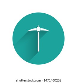 White Pickaxe icon isolated with long shadow. Blockchain technology, cryptocurrency mining, bitcoin, digital money market, cryptocoin wallet. Green circle button. Vector Illustration