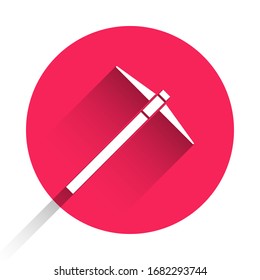 White Pickaxe icon isolated with long shadow. Red circle button. Vector Illustration