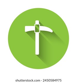 White Pickaxe icon isolated with long shadow background. Green circle button. Vector