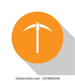 White Pickaxe icon isolated on white background. Blockchain technology, cryptocurrency mining, bitcoin, digital money market, cryptocoin wallet. Orange circle button. Flat design. Vector Illustration